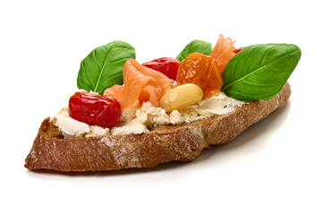 Bruschetta With Smoked Salmon, Tomatoes, Basil, isolated on white background