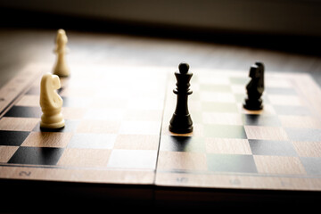 White chess knight piece and other pieces on chessboard during the game