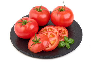 Sliced Red Tomato with Basil, isolated on white background