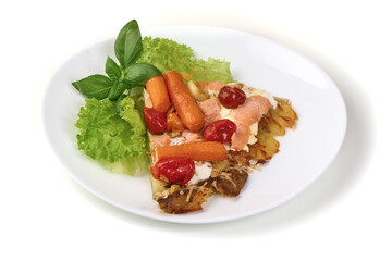 Salmon Quiche with Roasted Carrots, Tomatoes, Lettuce, isolated on white background