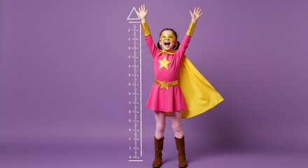 Joyful Little Superhero Girl Standing by Height Measurement Chart, Purple Background Studio Shot