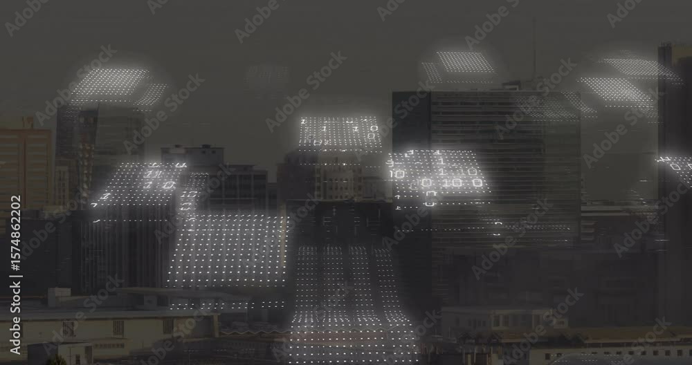 Poster faint binary panels emerging above skyline, descending, forming grid visualizing data before fading
