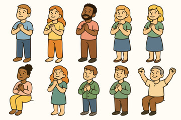 Diverse people praying hands together group collection