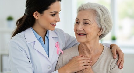 Compassionate Female Doctor Comforting Senior Woman, Breast Cancer Awareness Pink Ribbon