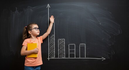 Smart Little Girl Student Holding Book and Pointing to Upward Trending Graph on Chalkboard, Education Concept