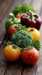Close-up view showcases red and green peppers, bright tomatoes, fresh broccoli, and purple cacao beans on a rustic wooden table