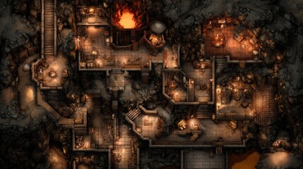 Fototapeta premium Top-down view of a subterranean complex with multiple rooms, lit by fires and lamps