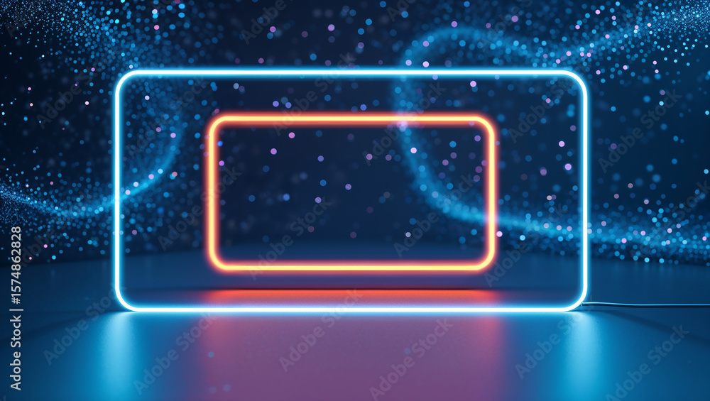 Fototapete neon frame glowing on dark background with particles floating around