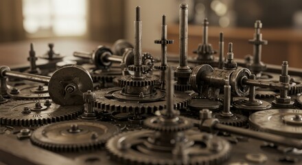 Intricate Mechanical Gears and Cogs Arrangement in Vintage Setting