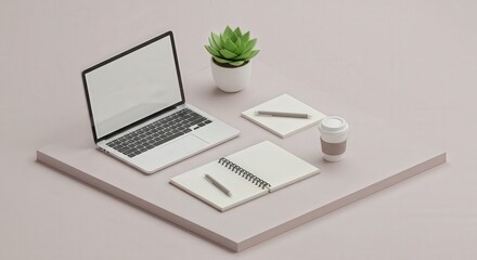 Stylish Minimalist Workspace with Laptop, Notebooks, and Coffee Cup