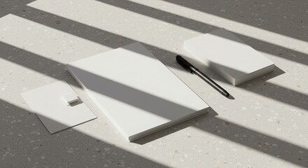Minimalistic Workspace with Blank Notebooks and Black Pen in Sunlight