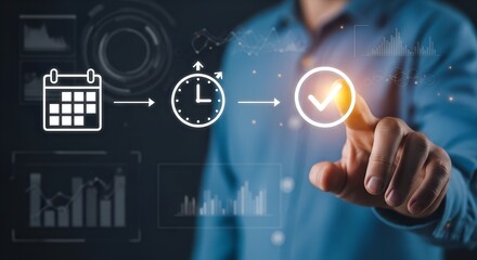 Person activating schedule and time management process with holographic technology