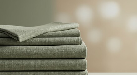 Neatly Stacked Green Fabric Sheets on Simple Background