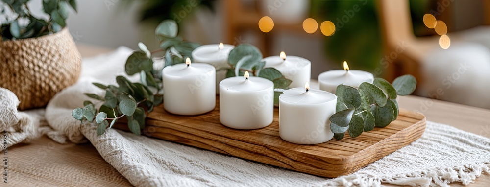 Poster soft candlelight shines alongside lush eucalyptus greenery on a wooden board, creating a tranquil se