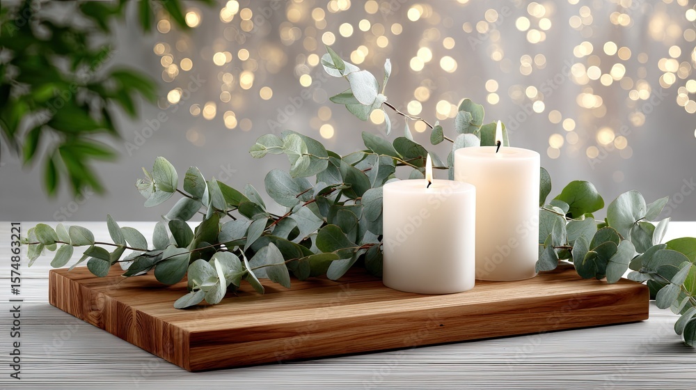Poster soft candlelight shines alongside lush eucalyptus greenery on a wooden board, creating a tranquil se
