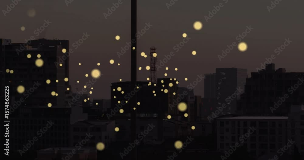 Poster dusk city particles drifting then bitcoin coin emerging radiating lines connecting network nodes