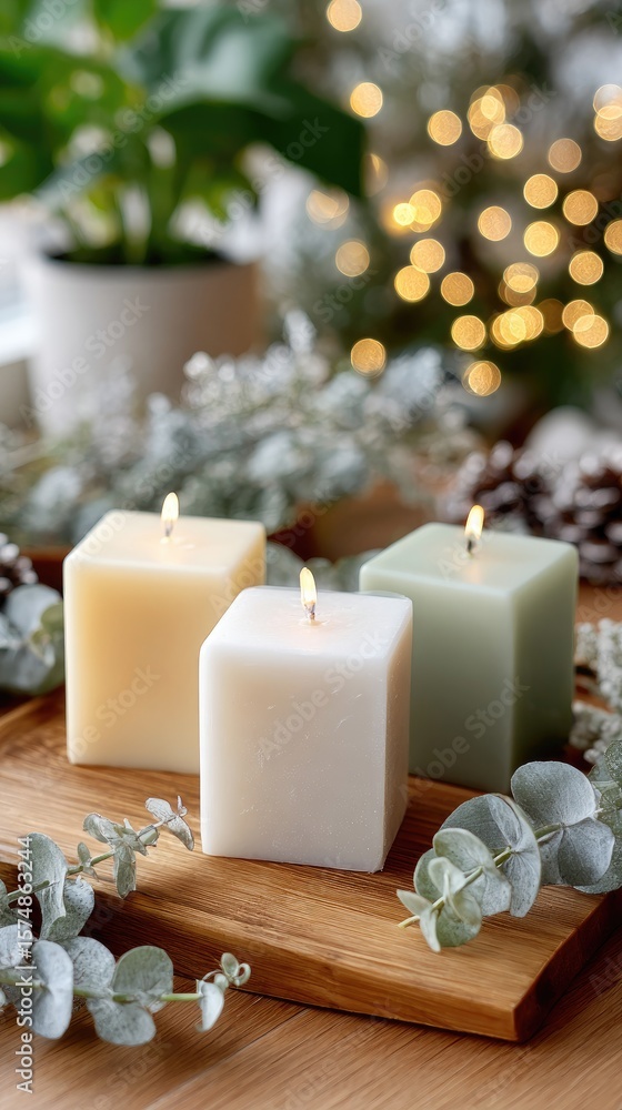 Poster soft candlelight shines alongside lush eucalyptus greenery on a wooden board, creating a tranquil se