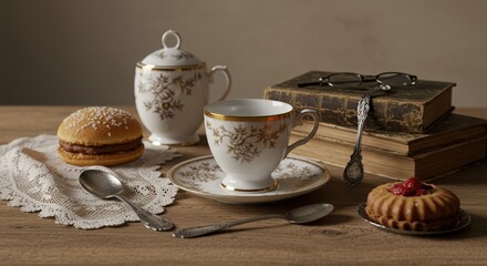 Fototapeta premium Elegant tea service with pastries on a rustic wooden table setting