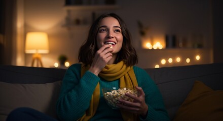 Young Woman Enjoying a Movie Night at Home, Eating Popcorn and Relaxing on the Couch