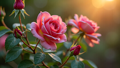 Obraz premium Pink roses blooming in garden with sunlight in background 