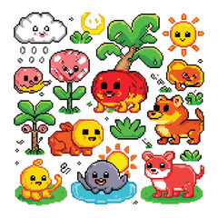 Pixel art cute animals and nature elements cloud