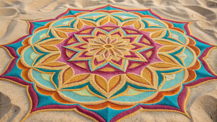 Colorful decagon sand art with intricate geometric pattern on beach sand creating vibrant and detailed design with warm and cool tones