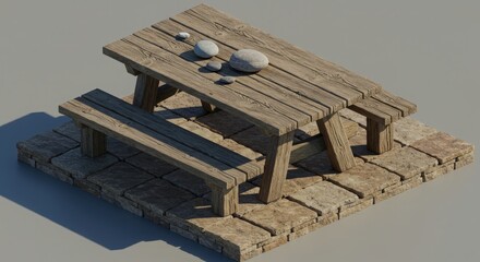 Rustic Wooden Picnic Table Set with Stones on Stone Paving
