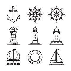 A collection of nautical icons with an anchor, ships wheel, lighthouse, sailboat on waves, and lifebuoy