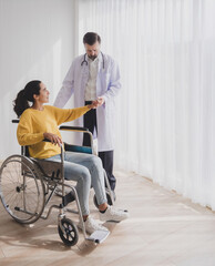 Latin woman sick mentally sit chair with man doctor caucasian  two people talk check arm health and...