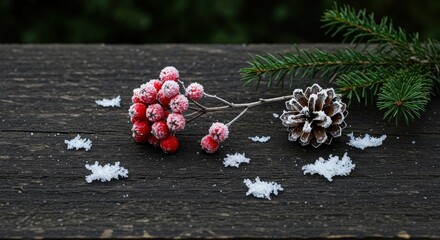 Frosted Berries and Pine Cone on Wooden Surface with Snowflakes