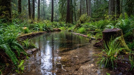 Obraz premium Tranquil rainforest scene with a small stream reflecting the sky, surrounded by lush vegetation and old tree stumps