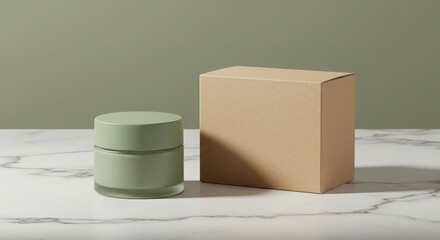 Stylish green cream jar with carton box on elegant marble surface