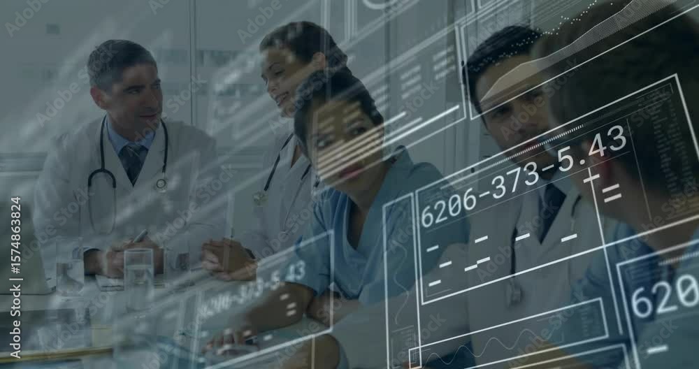 Poster speaker off-camera initiating animated data graphics showing as healthcare team analyzing figures