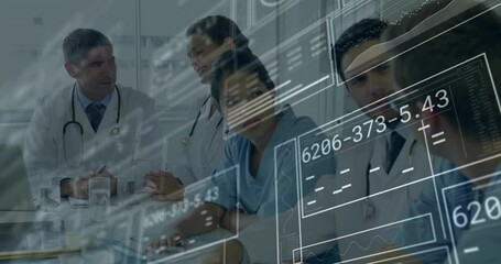 Speaker off-camera initiating animated data graphics showing as healthcare team analyzing figures - Powered by Adobe