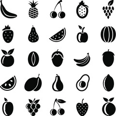Diverse Fruit Icons Collection Banana Pineapple Strawberry Cherry Apple Pear Watermelon Grapes