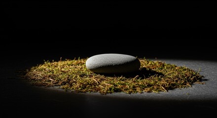 Serene Stone Centered on Moss Bed with Dramatic Lighting Effect