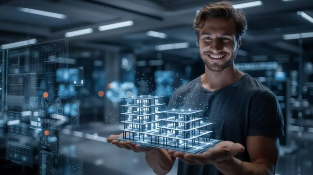A 30-year-old male model resembling Nick Bateman, with sharp features and a gentle smile, standing in a sleek futuristic sci-fi room. Viewed from a three-quarter back angle. He is holding a glowing 3D