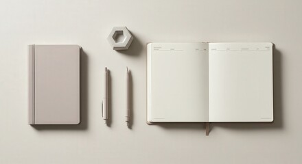 Minimalist Workspace Arrangement with Notebook and Writing Tools