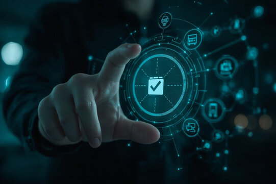 Person touching a digital interface with a checkmark and connected icons