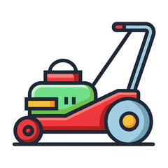 Stylized flat icon of a red and green lawn mower on a white background