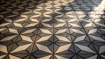Geometric decagon pattern on ceramic tile floor with light and shadow creating warm and elegant atmosphere in room