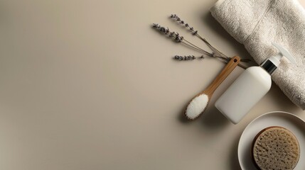 Minimalist Spa Still Life Composition with Lavender, Salt, Bottle, Towel, and Brush Against Beige Background for Relaxing Self Care