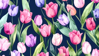 Obraz premium Seamless Watercolor Tulip Illustration in Pink, Lavender, and Red Tones on Dark Blue