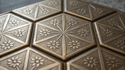 Decorative decagon shaped metal tiles with floral patterns create elegant textured surface in warm bronze tones and soft lighting