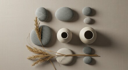 Minimalist Arrangement of Stones and Vases on Neutral Background