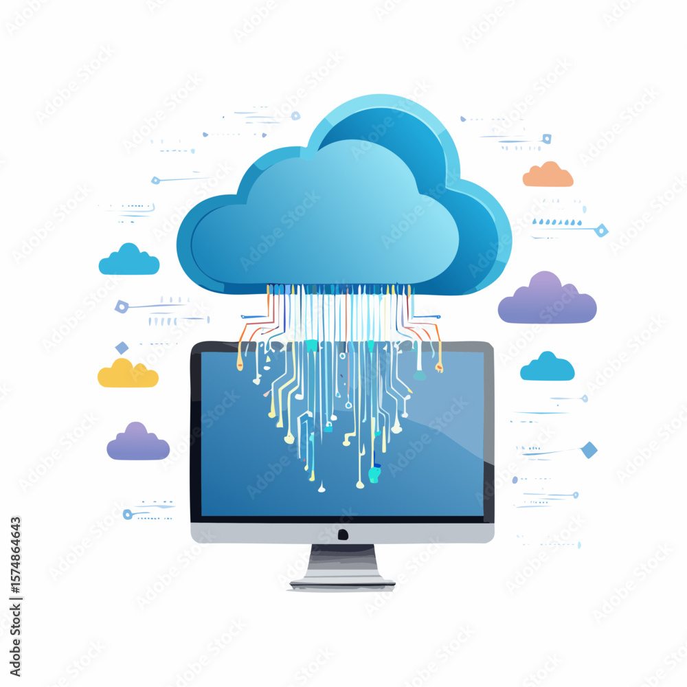 Poster digital cloud computing concept depicted with computer and circuitry