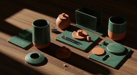 Elegant Green and Terracotta Office Desk Accessories Arrangement