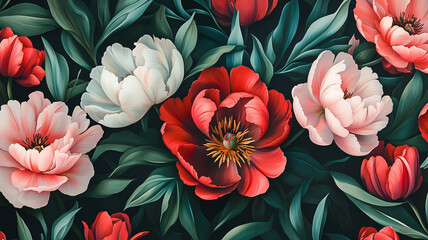 Lifelike artistic floral pattern in real photo style, vivid peonies and tulips surrounded by leafy foliage, dark backdrop with texture and depth