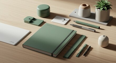 Modern Minimalist Desk Setup with Green Stationery and Plants