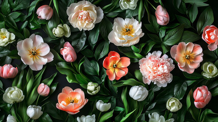 Lifelike artistic floral pattern in real photo style, vivid peonies and tulips surrounded by leafy foliage, dark backdrop with texture and depth